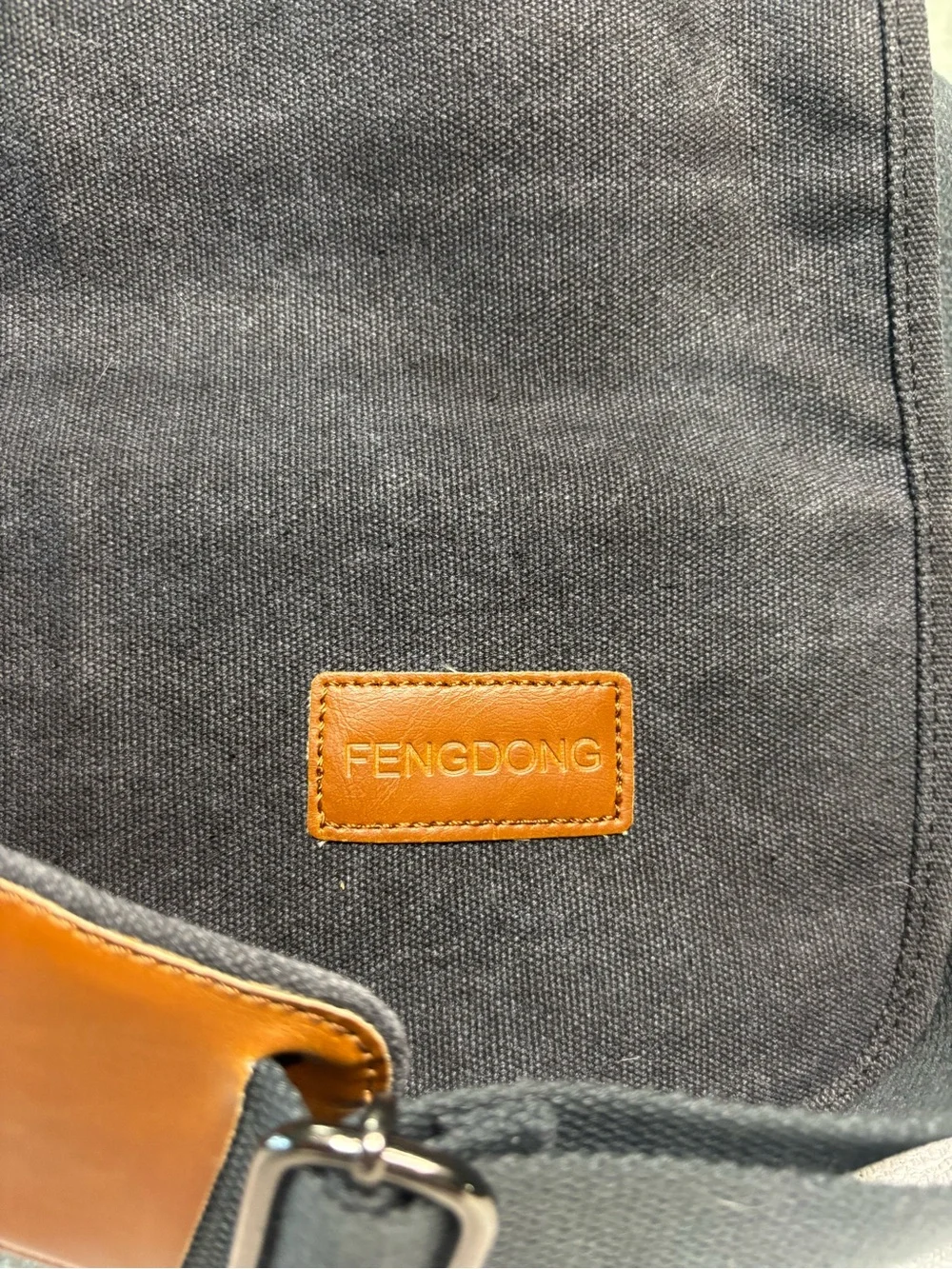 Black Canvas & Brown Leather Trim Messenger Bag FENGDONG